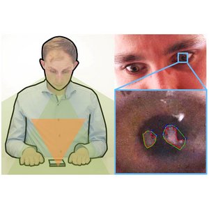 Bild aus zwei Einzelfotos zusammengesetzt: ein Mann blickt auf sein Smartphone, sein Sichtbereich ist orange eingefärbt; in den Augen eines Mannes spiegeln sich seine Hände