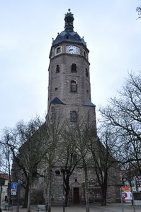 Jacobikirche in Sangershausen. Der Turm neigt sich fast einen Meter zur Seite.