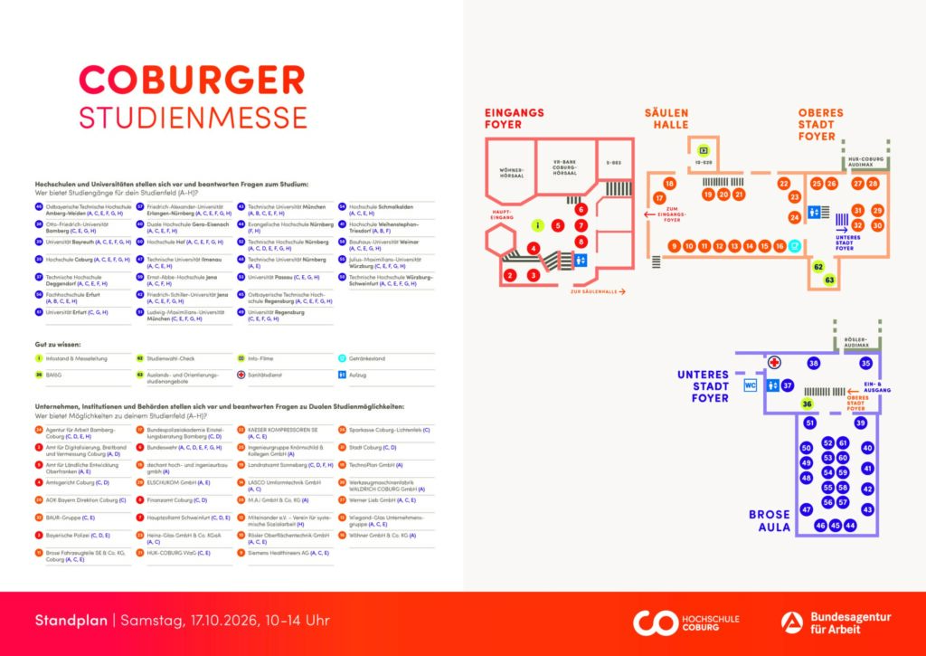Grundriss und Verzeichnis der Coburger Studienmesse mit einer Auflistung von Hochschulen und Unternehmen sowie deren Standorten auf der Karte – als Hilfe bei Ihrer Studienwahl. at Hochschule Coburg