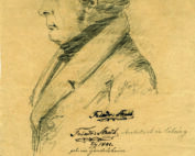 Eine Vintage-Skizze eines Mannes im Profil mit handschriftlichem Text und Unterschrift darunter, möglicherweise mit Bezug zur Hochschule Coburg. Der Mann trägt einen Mantel aus dem 19. Jahrhundert und die Zeichnung auf gealtertem Papier verstärkt seinen antiken Charme.