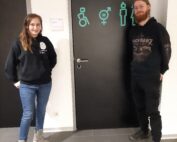 Zwei Personen stehen auf beiden Seiten einer Tür an der Hochschule Coburg, die mit Symbolen für inklusive Toiletten wie Rollstuhlfahrer, geschlechtsneutrale Toiletten und barrierefreie Toiletten geschmückt ist. Die linke Person trägt einen dunklen Kapuzenpullover und Jeans, während die rechte Person spiegelbildlich einen dunklen Kapuzenpullover und eine Hose trägt.
