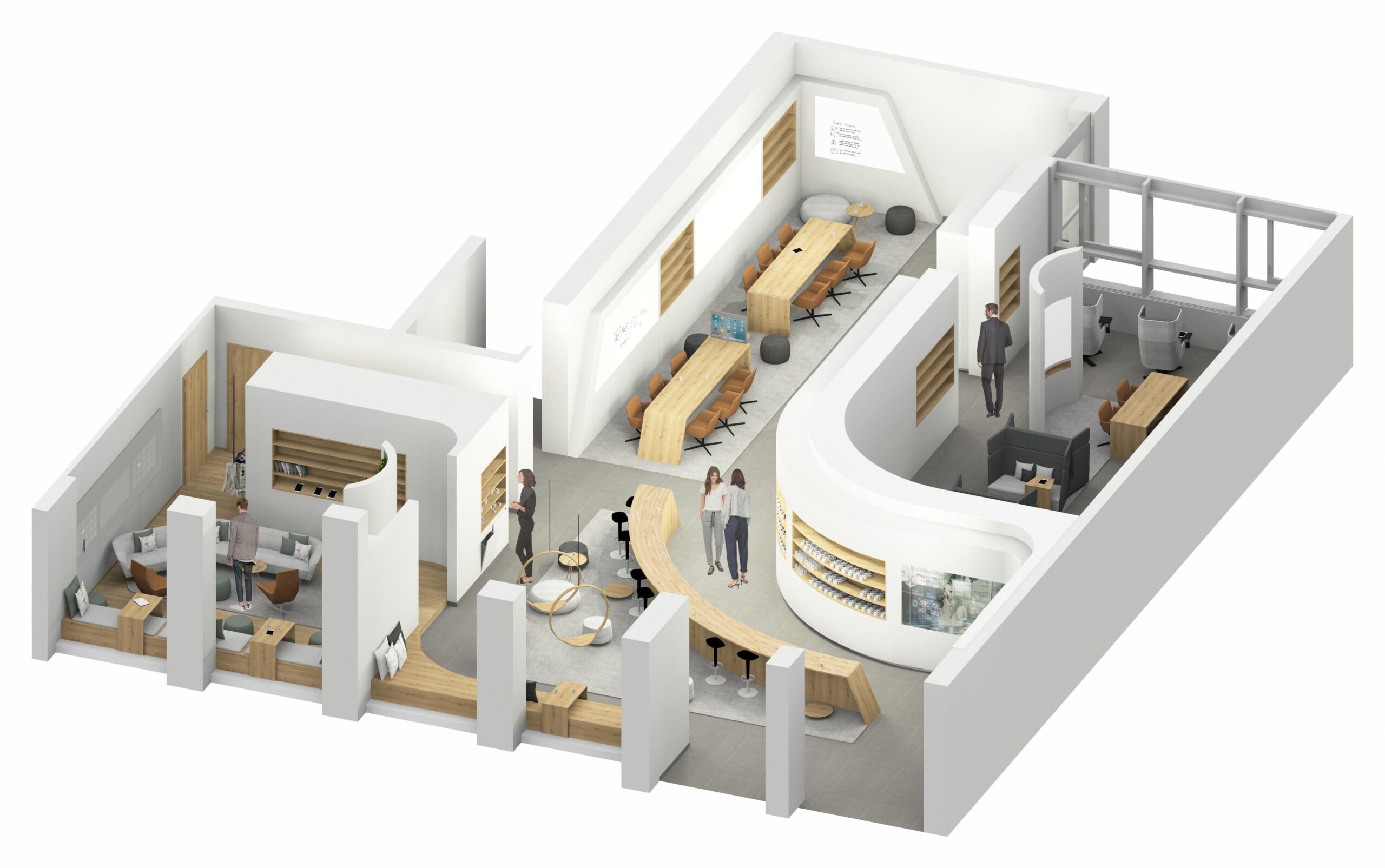 3D-Rendering eines modernen Bürolayouts mit langen Tischen und Stühlen, einem geschwungenen Empfangstresen, Besprechungsräumen und einem kleinen Loungebereich mit Sofas. Weiße Wände und Holzakzente unterstreichen das minimalistische Design.