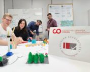 Eine Gruppe von vier Personen sitzt um einen mit LEGO-Steinen und Papieren beladenen Tisch und arbeitet intensiv zusammen. Das Bild wird dominiert von einem prominent platzierten Poster des Masterstudiengangs ZukunftsDesign der Hochschule Coburg, das durch seine auffällige Präsenz die Aufmerksamkeit auf sich zieht.