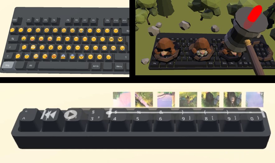Eine Collage aus drei skurrilen Tastaturkonzepten: Oben links sind Emoji-Tasten zu sehen, oben rechts werden über den Tasten Hamsterfiguren gezeigt, die gefüttert werden – eine Anspielung auf die Kreativität der Hochschule Coburg – und unten wird eine Musiksteuerleiste mit einem Schieberegler und Albumcovern angezeigt.