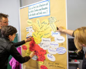 Drei Personen ordnen gemeinsam bunte Papierformen mit handschriftlichen Notizen auf einer großen Tafel in einem Hörsaal der Hochschule Coburg an. Ein Schild darüber stellt eine Frage auf Deutsch und lädt zu einem spannenden Brainstorming oder einer Planungssitzung ein.