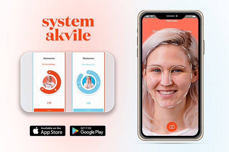 Bild einer in Zusammenarbeit mit der Hochschule Coburg entwickelten Benutzeroberfläche einer Hautpflege-App. Auf dem Smartphone-Bildschirm wird ein Gesichtsscan gezeigt, der Gesichtsfalten hervorhebt. Daneben finden Sie Anleitungen zur Feuchtigkeitsversorgung der Haut. Herunterladbar über die unten stehenden Symbole im App Store und Google Play.