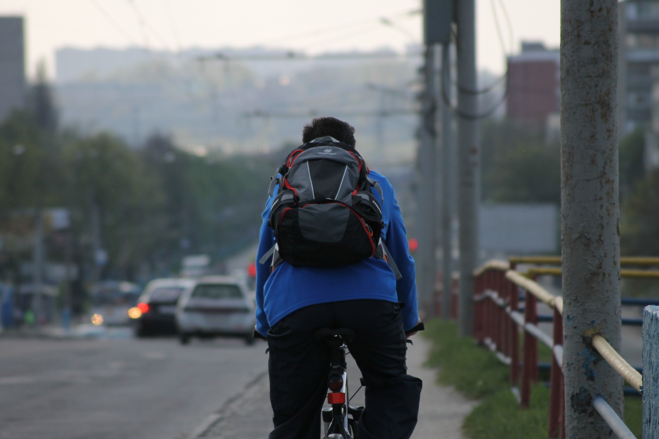 Eine Person mit einer blauen Jacke und einem schwarzen Rucksack fährt an einem bewölkten Tag mit dem Fahrrad die Straße in der Nähe der Hochschule Coburg entlang. Im Hintergrund sind Autos und Gebäude zu sehen.
