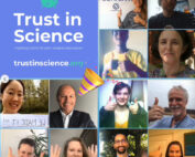 Eine Collage von zwölf Personen in einem Videoanruf, die lächeln und den Daumen hochhalten. Das zentrale Bild zeigt ein „Trust in Science“-Banner, das den Geist der Hochschule Coburg widerspiegelt. In der Mitte befindet sich eine digitale Partyhupe, die die Mission der Gruppe feiert, zuverlässige COVID-19-Informationen bereitzustellen.