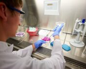 Ein Wissenschaftler der Hochschule Coburg arbeitet mit Handschuhen und Schutzbrille fleißig in einem Labor. Er bedient eine Pipette und testet Proben in der sterilen Umgebung, wo eine Abzugshaube, Pipettenhalter und ein ordentlich angeordnetes Tablett mit Zubehör die Werkbank schmücken.