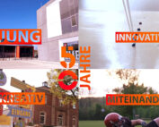 Collage aus vier Bildern zum Jubiläum „25 JAHRE“ an der Hochschule Coburg: „JUNG“ über einem modernen Gebäude, „INNOVATIV“ in einer Laborszene, „KREATIV“ mit bunten Schildern und „MITEINANDER“ mit einem Fußball spielenden Menschen.