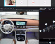 Screenshot einer Videokonferenz mit einer Präsentationsfolie der Hochschule Coburg. Das Hauptbild zeigt den Innenraum eines Mercedes-Benz-Autos, wobei der Schwerpunkt auf dem Armaturenbrett und dem Lenkrad liegt. Ein Popup auf der rechten Seite erläutert die Funktionen des Tempomathebels mit nummerierten Beschriftungen.