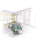 Eine handgezeichnete Skizze eines modernen, minimalistischen Interieurs an der Hochschule Coburg. Der Raum verfügt über sechseckige Tische in der Mitte, Regale an der linken Wand und große Fenster auf der rechten Seite, die den Raum mit natürlichem Licht füllen.