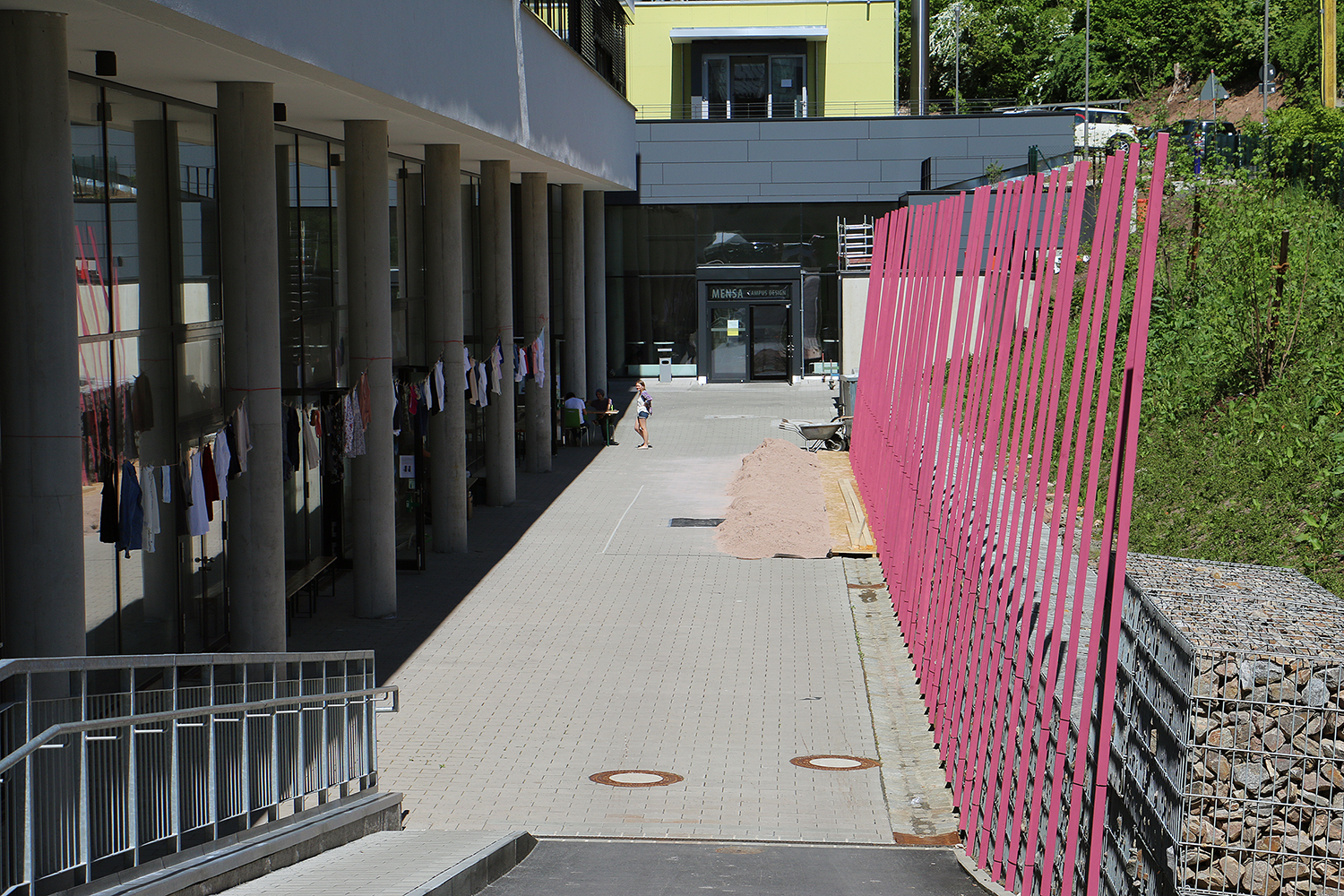 Ein gepflasterter Gehweg mit hohen Säulen auf der linken Seite und einem schrägen rosa Zaun auf der rechten Seite führt zur Hochschule Coburg in der Ferne. Eine Person geht weiter, umgeben von modernen Gebäuden und üppigem Grün.