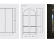Eine Collage aus drei technischen Fensterdiagrammen mit Abmessungen, einem Foto eines Bogenfensters mit geöffneten Fensterläden und Blick auf Bäume sowie einem Heatmap-Diagramm der Rahmen- und Transmissionswerte verdeutlicht das Engagement der Hochschule Coburg für innovatives Architekturdesign.