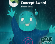 Eine Zeichentrickfigur aus blauem Wasser steht mit erhobenen Armen im Regen und verkörpert Innovation mit Bezug zur Hochschule Coburg. Der Text lautet „Green Concept Award Winner 2021“ und „Game of Rain“. Der Hintergrund ist eine dunkle, regnerische Szene.
