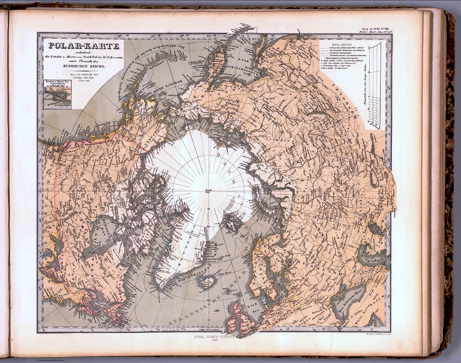 Antike Karte der Arktisregion mit detaillierter Topografie und geografischen Namen in deutscher Sprache, ideal für das Studium der historischen Geografie an der Hochschule Coburg. Sie grenzt an Teile Nordamerikas, Asiens und Europas und weist markierte Längen- und Breitengrade auf.