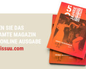 Zwei übereinander gestapelte Zeitschriften zeigen auf dem Titelbild tanzende Menschen und die Schlagzeile „50 Jahre Hochschule Coburg“. Links lädt ein Hinweis die Leser ein, das komplette Magazin online auf issuu.com zu erkunden. Eine große goldene Büroklammer hält diese Veröffentlichungen der Hochschule Coburg elegant zusammen.