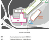 Auf dem Campusplan der Hochschule Coburg sind Gebäude mit den Bezeichnungen D-1 bis D-5 zu sehen: D-1 ist Bauingenieurwesen und Architektur, D-2 ist Innenarchitektur und Produktdesign, D-3 ist ISAT, D-4 ist Mensa und D-5 ist Villa . Das Studentenwohnheim und die Haupteingänge sind deutlich hervorgehoben.