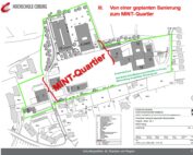 Der Plan des geplanten Umbaus des MINT-Quartiers der Hochschule Coburg zeigt Gebäudegrundrisse, nummerierte Abschnitte, Straßen und ausgewiesene Zonen. Roter Text hebt das „MINT-Quartier“ auf dem Plan deutlich hervor.