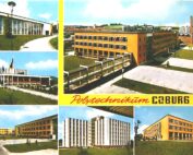 Eine Collage des Polytechnikums in Coburg mit fünf Bildern verschiedener Campus-Gebäude, darunter Backstein- und Glaskonstruktionen in einer grünen Landschaft. Der Text lautet „Hochschule Coburg – Polytechnikum Excellence“.