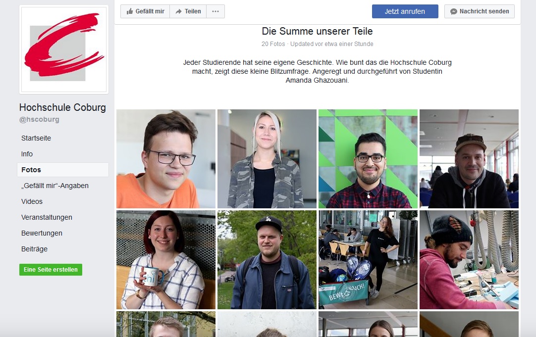 Auf der Facebook-Seite der Hochschule Coburg ist ein Fotoalbum mit dem Titel „Die Summe unserer Teile“ zu sehen, in dem viele lächelnde Menschen zu sehen sind. Die Seite ist mit dem Logo der Hochschule versehen und lädt dazu ein, diese freudigen Momente zu liken, zu kommentieren und zu teilen.
