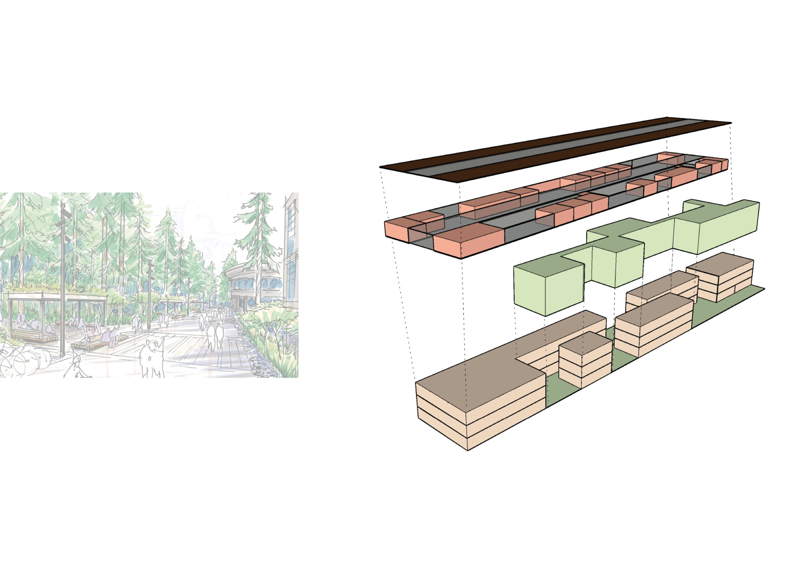Ein geteiltes Bild zeigt links die Skizze eines Waldweges mit Hütten, die an den ruhigen Campus der Hochschule Coburg erinnert, und rechts ein explodiertes Architekturdiagramm mit Schichten verschiedenfarbiger Bausteine.