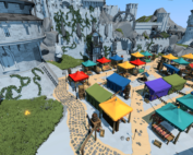 Auf einem lebhaften Marktplatz in der Nähe der Hochschule Coburg stehen bunte Zelte neben einer Steinburg. Die Szene umfasst Stände mit roten, grünen, gelben und blauen Überdachungen entlang von Kopfsteinpflasterwegen und Grünflächen, eingerahmt von imposanten Burgmauern und Türmen im Hintergrund.