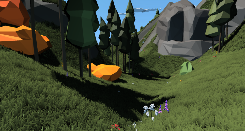 Eine ruhige, mit Visual Computing erstellte Low-Poly-3D-Szene zeigt ein üppig grünes Tal mit vereinzelten Bäumen. Große Felsformationen und leuchtend orangefarbene Felsbrocken heben sich unter einem strahlend blauen Himmel ab, während bunte Blumen die Landschaft übersäen.