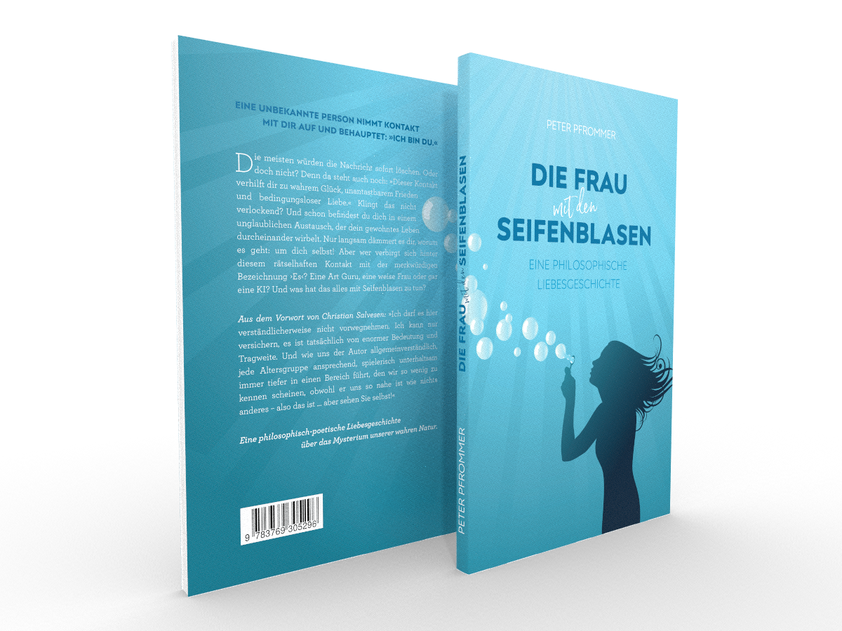 Zwei Exemplare von „Die Frau mit den Seifenblasen“ von Peter Fromher zeigen die Silhouette einer Frau, die vor blauem Hintergrund Seifenblasen bläst und so einen literarischen Blick in ihre Welt bietet. Die Rückseite lädt die Leser dazu ein, ihr Selbst anhand fesselnder Prosa zu erkunden. at Hochschule Coburg