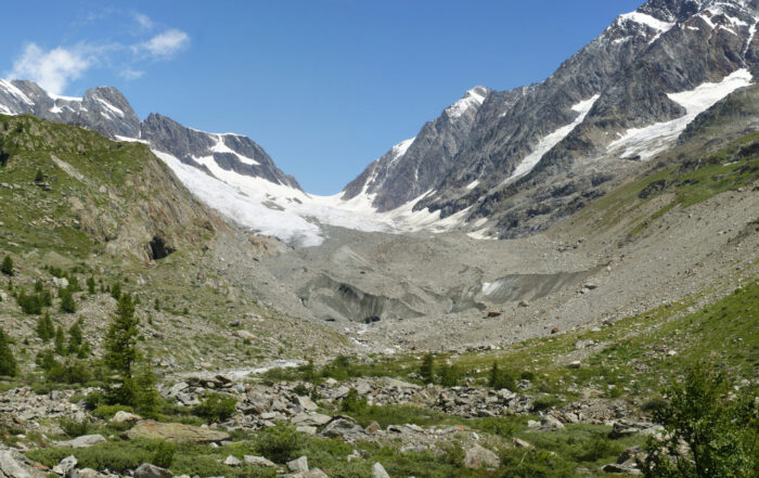 Ein Gletscher, eingebettet zwischen schroffen, schneebedeckten Bergen mit grünen Grashängen und verstreuten Bäumen und Felsen im Vordergrund, möglicherweise geformt durch Gletscherabbrüche, unter einem strahlend blauen Himmel. at Hochschule Coburg