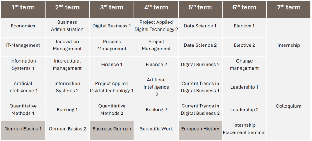 A table shows a 7-term academic curriculum with courses listed for each term, including subjects like Economics, Digital Business, Project Management, Data Science, Leadership, electives, internship, and colloquium. at Hochschule Coburg