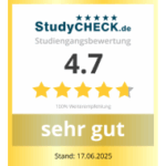 StudyCHECK.de-Bewertungssiegel mit einer Punktzahl von 4,7 von 5 Sternen, der Auszeichnung „sehr gut“ mit 100 % Weiterempfehlung und Datum vom 17.06.2025. at Hochschule Coburg