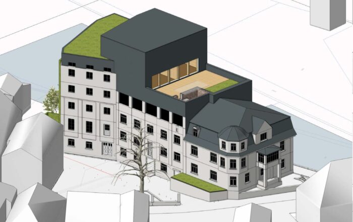 Ein architektonisches Rendering eines mehrstöckigen Gebäudes in der Kirschbaummühle, in dem sich moderne schwarze und traditionelle weiße Abschnitte, Dachbegrünung, eine Terrasse, große Fenster und umliegende Strukturen vermischen - als Symbol für den Spatenstich in die digitale Zukunft. at Hochschule Coburg