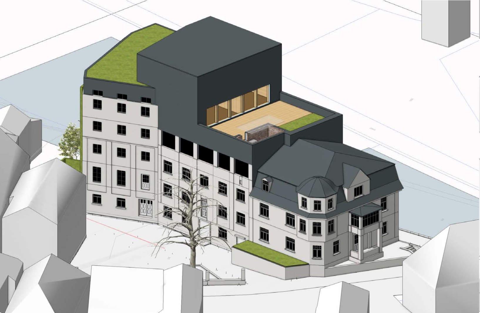 Ein architektonisches Rendering eines mehrstöckigen Gebäudes in der Kirschbaummühle, in dem sich moderne schwarze und traditionelle weiße Abschnitte, Dachbegrünung, eine Terrasse, große Fenster und umliegende Strukturen vermischen - als Symbol für den Spatenstich in die digitale Zukunft. at Hochschule Coburg
