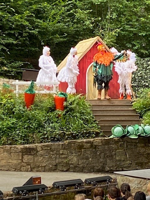Als Hühner und Hahn verkleidete Darsteller treten auf der Waldbühne Heldritt inmitten von Grünpflanzen, einem roten Hühnerstall und überdimensionalen Requisiten auf. Im Rahmen des Märchenzaubers verfolgt ein gespanntes Publikum die bezaubernde Show im Freien. at Hochschule Coburg
