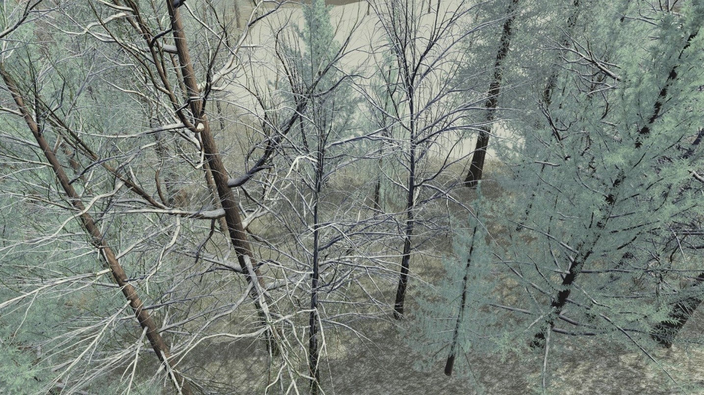 Eine winterliche Waldszene aus der Vogelperspektive, die mit Visual-Computing-Techniken erstellt wurde, zeigt kahle Laubbäume und schneebedeckte Immergrüne vor einem hellen, verschneiten Hintergrund. at Hochschule Coburg