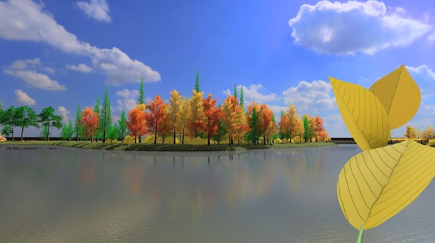 In einem ruhigen See spiegeln sich Bäume mit buntem Herbstlaub unter einem strahlend blauen Himmel mit vereinzelten Wolken. Drei große gelbe Blätter erscheinen im Vordergrund, als ob sie von einem Visual-Computing-Wissenschaftler, der die Schönheit der Natur erforscht, aufgenommen wurden. at Hochschule Coburg