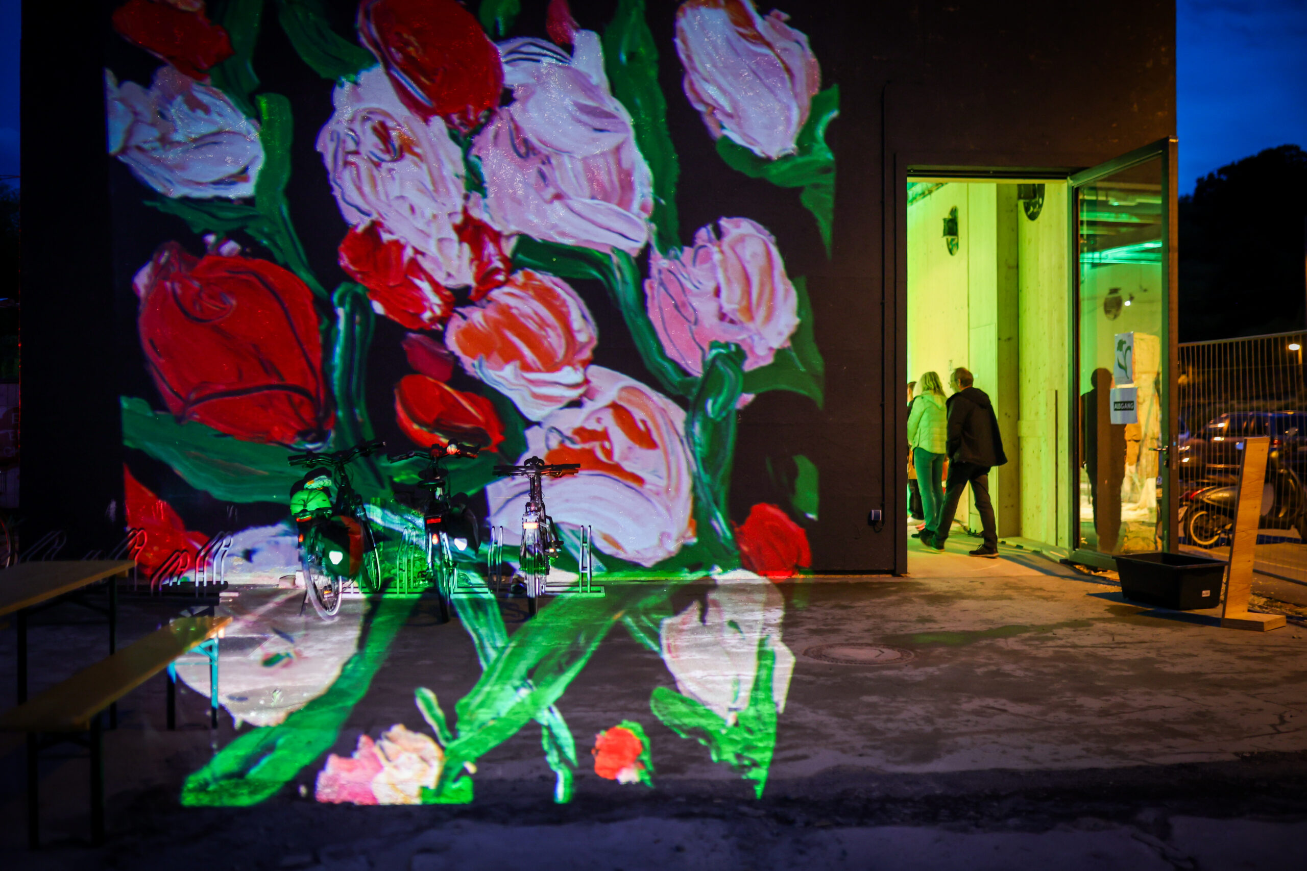 Eine leuchtende Blumenprojektion bedeckt eine dunkle Wand und Fahrräder vor einem Gebäude. Die offene Tür des Gebäudes leuchtet in gelb-grünem Licht, während zwei Personen hineingehen. Die Szene scheint nachts zu spielen. at Hochschule Coburg