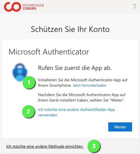 Screenshot einer Microsoft Authenticator-Einrichtungsseite in deutscher Sprache, der die Schritte zum Herunterladen und Verwenden der App zeigt, mit nummerierten grünen Kreisen, die Optionen zum Ändern der Authentifizierungsmethode hervorheben. at Hochschule Coburg