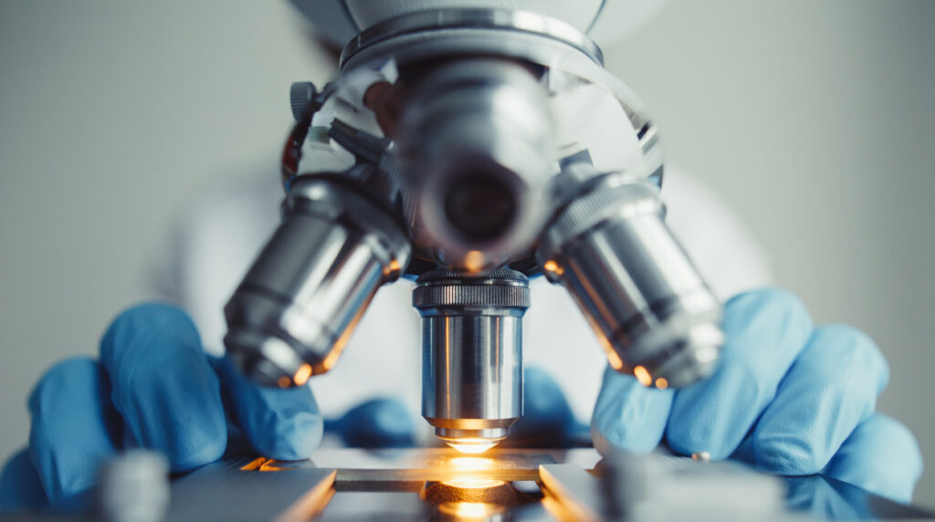 Nahaufnahme einer Person mit blauen Handschuhen, die im Labor ein Mikroskop benutzt, wobei das Licht auf einen Objektträger unter der Linse fällt, was auf wissenschaftliche Forschung oder Laborarbeit hindeutet. at Hochschule Coburg