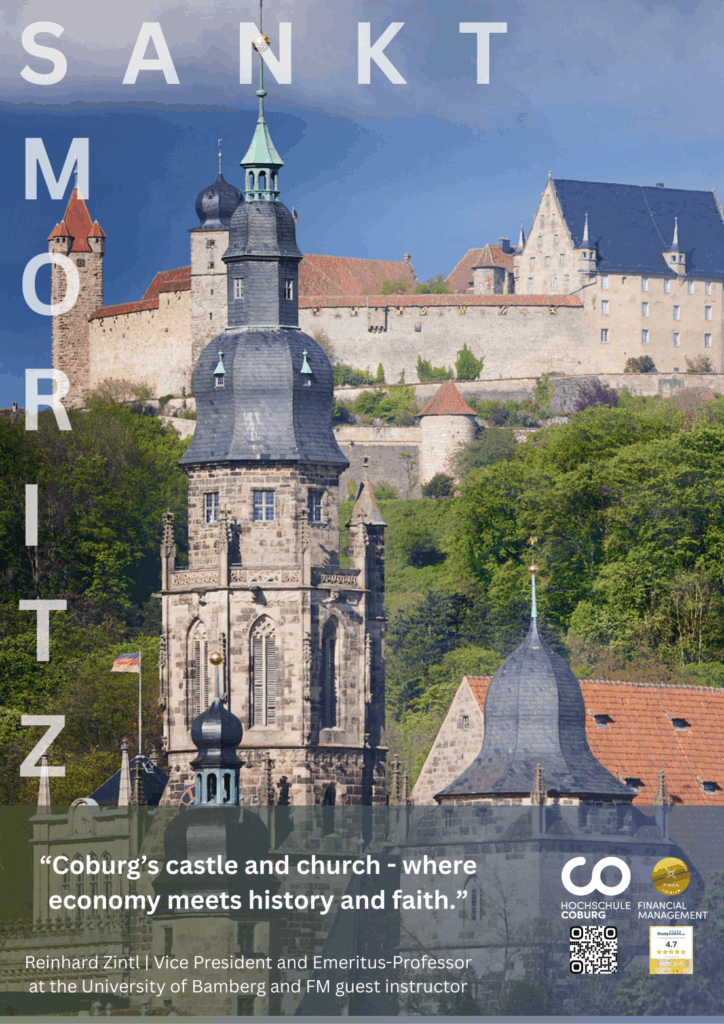 Nahaufnahme von Coburgs Schloss und Kirchtürmen mit historischen Gebäuden und Festungsmauern im Hintergrund. Der eingeblendete Text enthält "Sankt Moritz" und ein Zitat über Coburgs Schloss, Wirtschaft und Glauben. at Hochschule Coburg