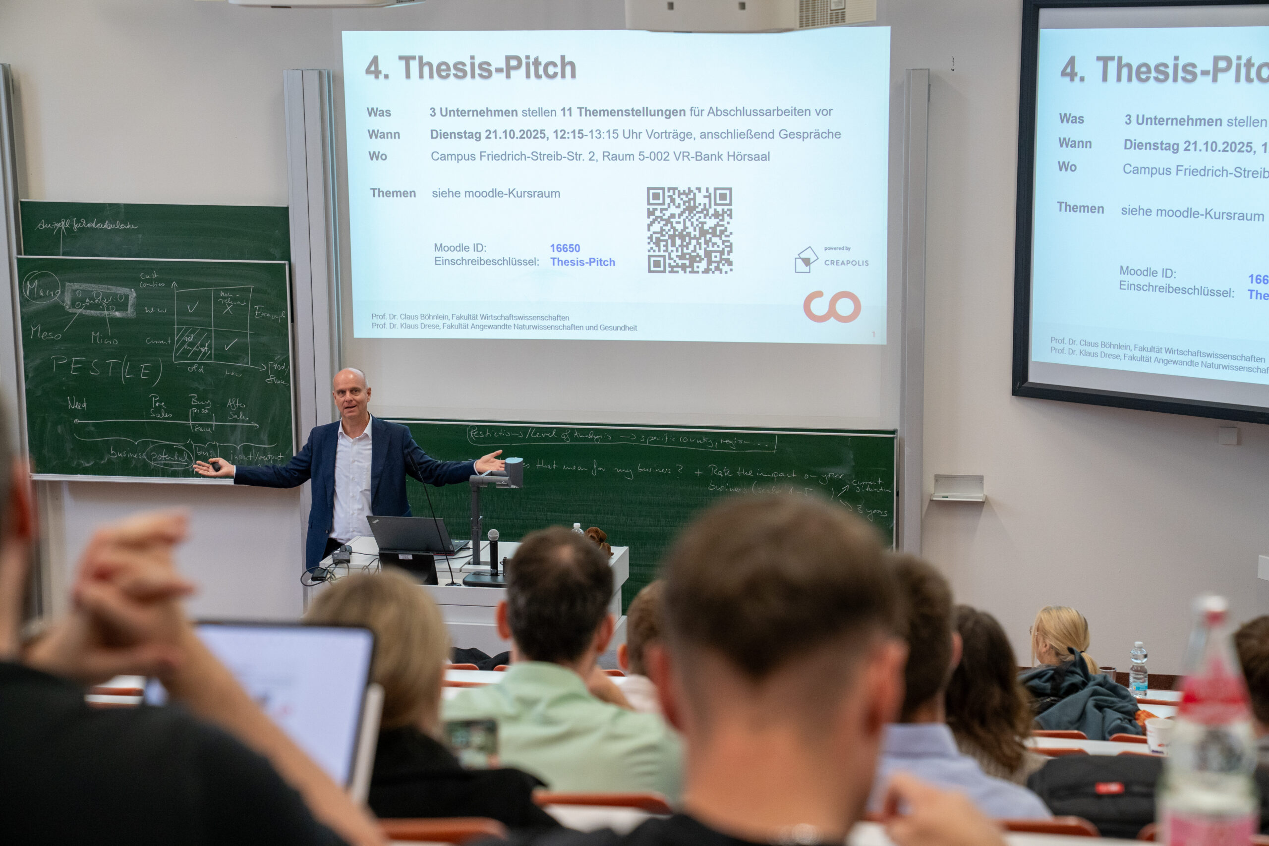 Ein Dozent steht vor einem Klassenzimmer mit Studenten und präsentiert eine Folie mit dem Titel "Thesis-Pitch" mit Veranstaltungsdetails, einem QR-Code und Kreidetafeln mit Notizen, die Unternehmen und spannende Themen für Abschlussarbeiten hervorheben. at Hochschule Coburg