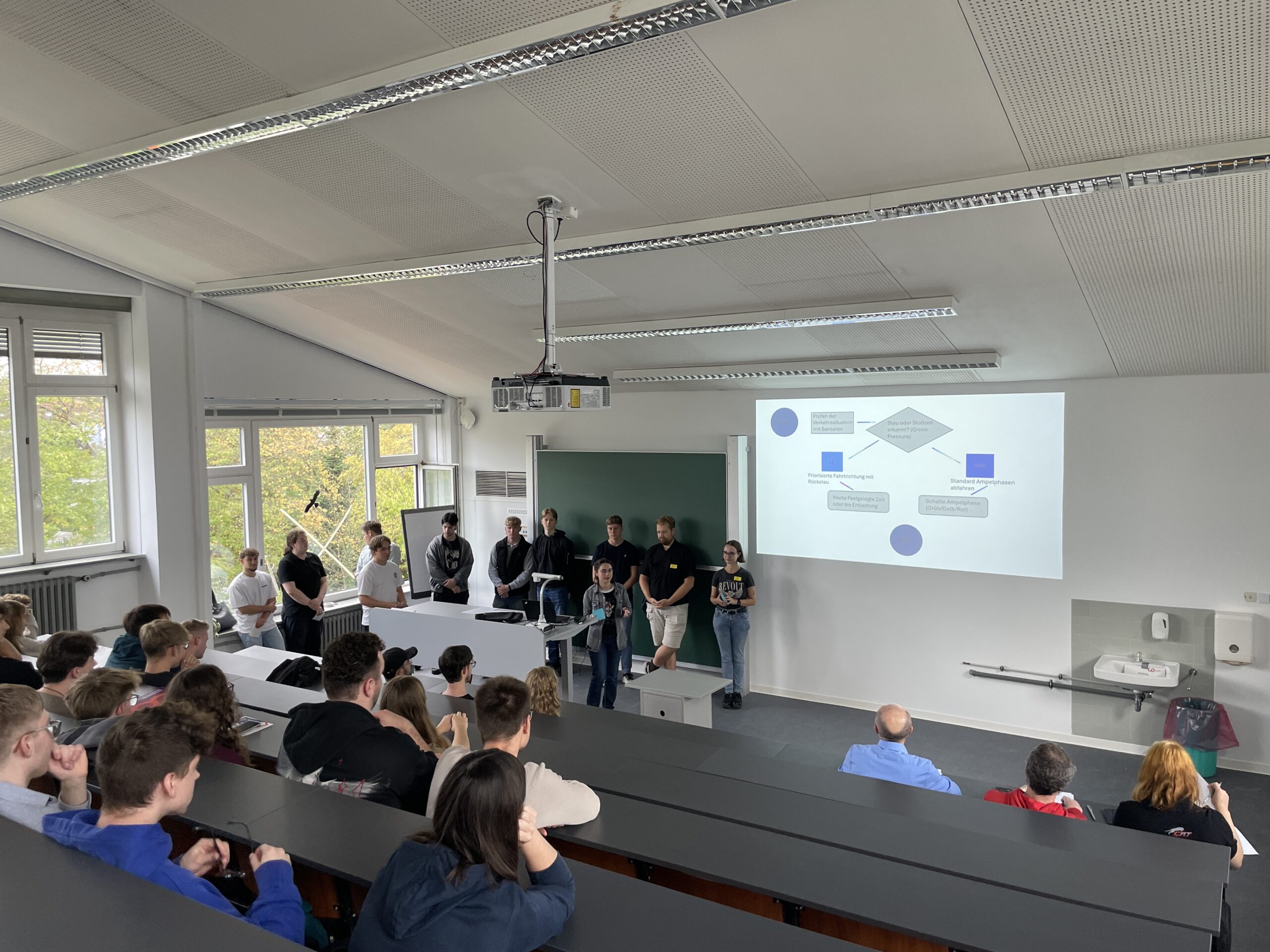 Während der Erstsemestertage stellt sich eine Gruppe neuer Studierender im vorderen Teil des Klassenzimmers vor. Ein Flussdiagramm wird auf die Leinwand hinter ihnen projiziert, während die Studierenden aufmerksam zusehen und sich auf ihren Studienstart vorbereiten. at Hochschule Coburg