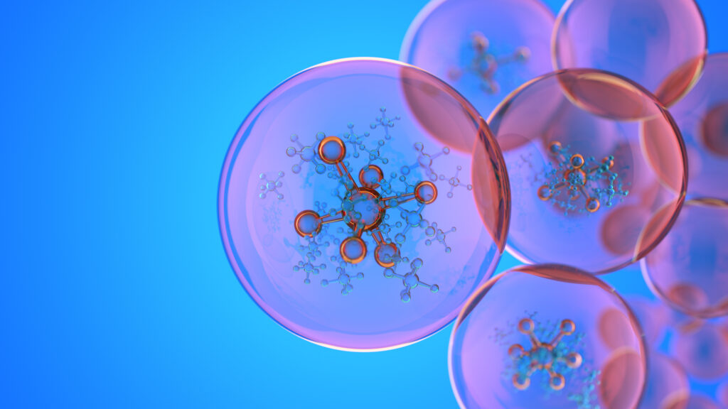 Several translucent, pinkish spheres resembling biological cells float against a blue background, their complex molecular structures evoking the advanced studies and discoveries often found in modern laboratories. at Hochschule Coburg
