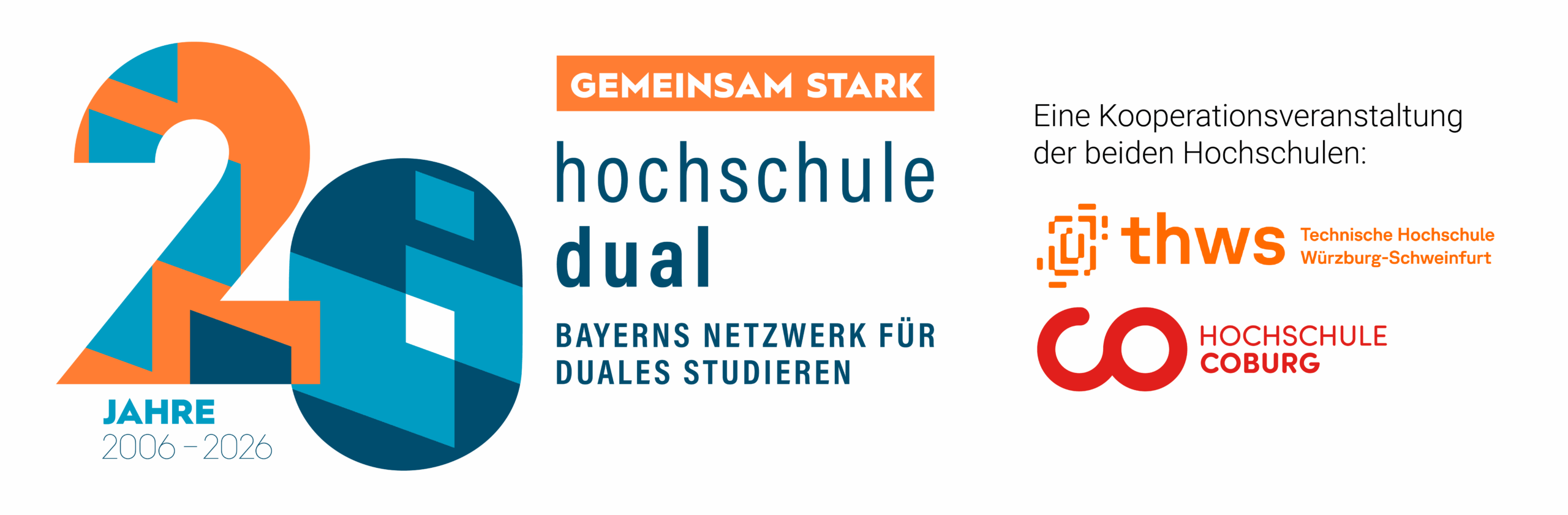 Logo für "20 Jahre hochschule dual 2006-2026" mit dem Text "Gemeinsam stark - Bayerns Netzwerk für duales Studieren", Hinweis auf eine DualForum Nord Kooperationsveranstaltung mit den Logos von THWS und Hochschule Coburg. at Hochschule Coburg