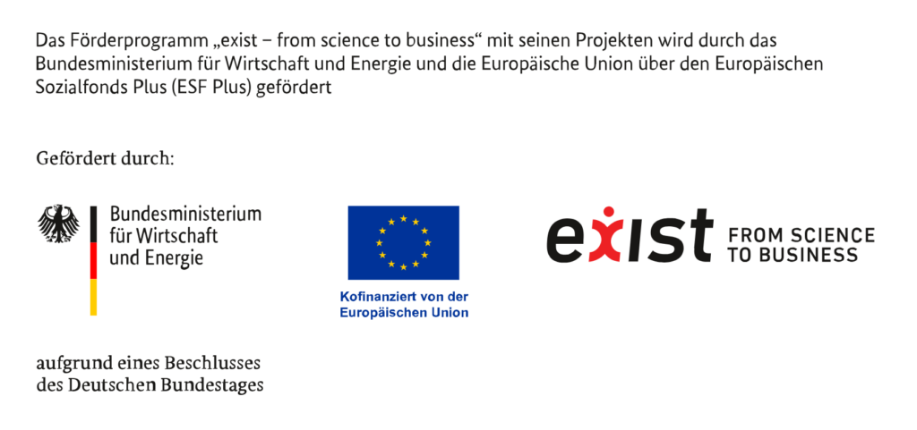 Logos und Text: Das Förderprogramm "exist - from science to business" unterstützt die Selbständigkeit bei Gründen, gefördert durch das Bundesministerium für Wirtschaft und Energie sowie die EU (ESF Plus). Enthält zugehörige Logos und Förderhinweise. at Hochschule Coburg