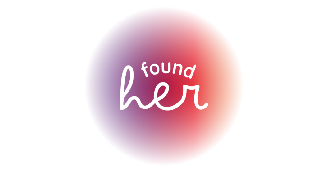 Das Bild zeigt die Worte "found her" in weißer Schreibschrift und Kleinbuchstaben, zentriert über einem weichen, verschwommenen Farbverlaufskreis mit lila und roten Tönen auf weißem Hintergrund - ein inspirierendes Bild für Selbständigkeit oder Gründe. at Hochschule Coburg