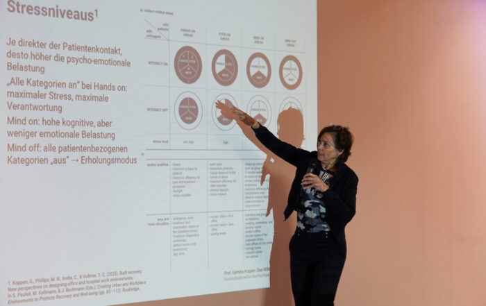 Eine Frau in dunkler Kleidung steht und zeigt auf eine projizierte Folie mit Diagrammen und deutschem Text mit dem Titel "Stressniveaus" während einer Präsentation über Wissen für alle. Die Wand im Hintergrund ist hellrosa. at Hochschule Coburg