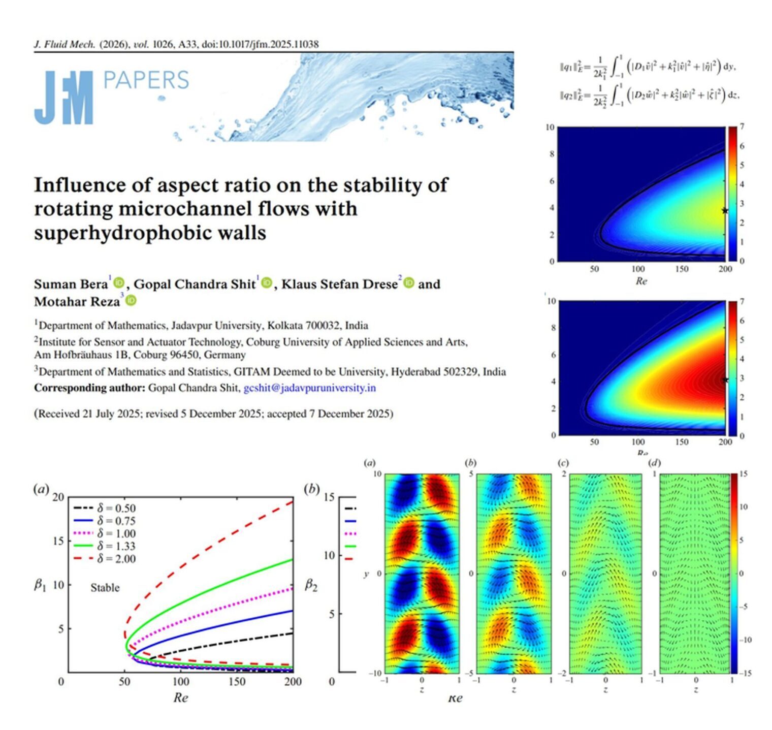 Ein Mann in einem grünen Pullover steht an einer Tafel mit Formeln und zeigt auf sie. Zu seiner Linken befindet sich eine wissenschaftliche Arbeitsseite mit Grafiken, Diagrammen und dem Titel: "Einfluss des Seitenverhältnisses auf die Stabilität von rotierenden Mikrokanalströmungen...". at Hochschule Coburg