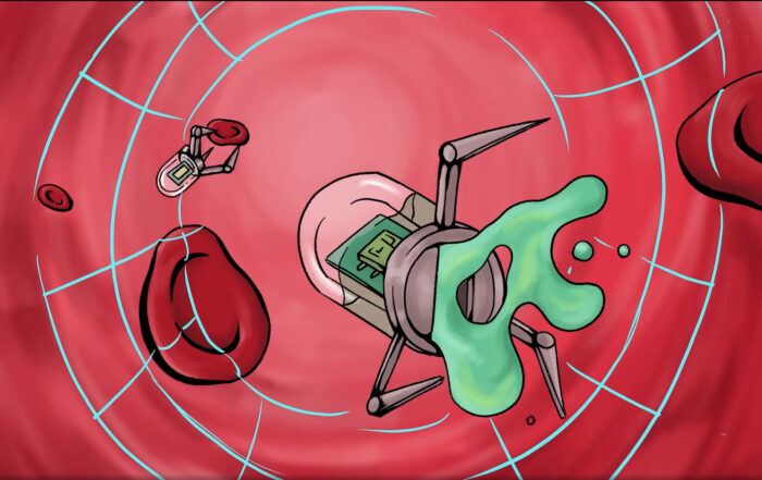 Eine Cartoon-Illustration stellt sich mögliche Zukünfte vor: winzige Roboter in einem Blutgefäß, mit roten Blutkörperchen und einem mechanischen Arm, der einen kleinen Gegenstand hält. Ein Roboter setzt grüne Flüssigkeit frei, während blaue Gitterlinien diese Vision der Zukunft überlagern. at Hochschule Coburg